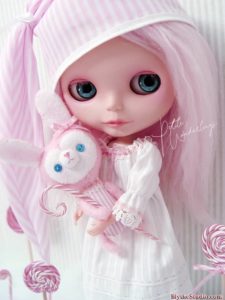 OOAK Custom Neo Blythe Doll Wearing a Handmade Dress Set and Holding Tiny Felty Bunny and Clay Candy Cane Lollipop by Petite Wanderlings