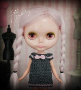 Vintage Kenner Blythe Doll with PInk Mohair Wearing a Hand Made Grey & Pink Crochet Dress for Blythe and 1/6 Scale Dolls