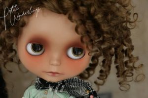 One of a Kind Customized Blythe Art Doll with Light Brown Mohair Ringlet Curls and Air brushed Make up by Petite Wanderlings