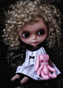OOAK Custom Blythe Blonde Mohair Curled Doll with Tiny Pink Felt Bunny by Petite Wanderlings
