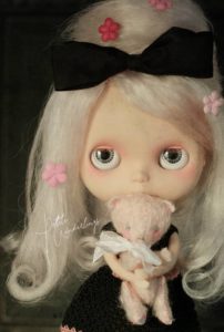 OOAK Custom Mohair Blythe Art Doll with Pink Mini Bear by Petite Wanderlings