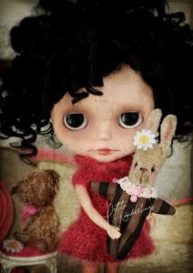 OOAK Custom Blythe Black Curled Mohair Doll with Brown Striped Plush Collectable Artist Carnival Bunny Toy by Petite Wanderlings