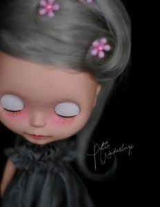 Custom Blythe Art Doll Silver Grey Mohair Reroot and Airbrush Paint White Eyelids by Petite Wanderlings