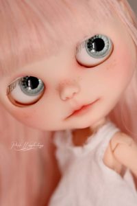 OOAK Custom Blythe Art Doll with Pink Hair, Carved Lips, Nose & Philtrum Up Close by Petite Wanderlings