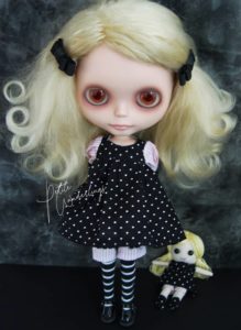 ooak Custom Blythe, Mischief, wearing a Handmade Dress with Bloomers and Hand made Rag Doll Maggie by Petite Wanderlings