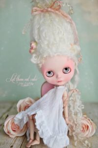Etta, OOAK Rococo Custom Blythe Doll with White Mohair Hair Sculpture Ribbons & Roses Donation for BCUK London Charity Eaves & Young minds
