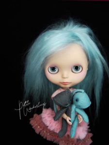 OOAK Custom Turquoise Mohair Blythe Doll with Hand made Grey & Blue Bunny Felt Plush Art Bunny Twins by Petite Wanderlings
