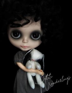 OOAK Custom Blythe Art Doll with Black Mohair Curls & Tiny Bunny by Petite Wanderlings