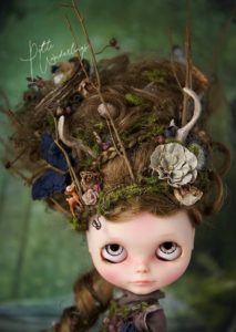 Oswen Guardian of The Forest, OOAK Custom Blythe Doll Hair Sculpture with Flowers, Deer, Moss, Clay Antlers, Butterflies, Nest of Eggs, and Branches Crown by Petite Wanderlings