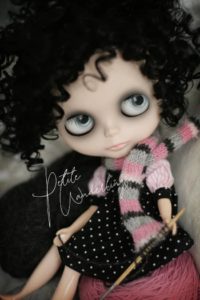 T2- One of a Kind Custom Blythe Art Doll with Airbrush Makeup & Black Mohair Reroot wearing Handmade Polkadot Dress by Petite Wanderlings