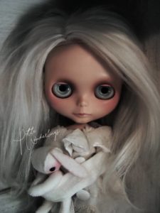 White Haired Custom Blythe Art Doll Rerooted and Painted with Little Plush Felt Bunny by Petite Wanderlings