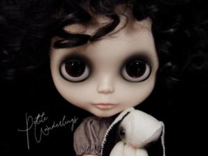 Custom Blythe Art Doll Dark Mohair Curls Rerooted and Tiny Plush Bunny by Petite Wanderlings