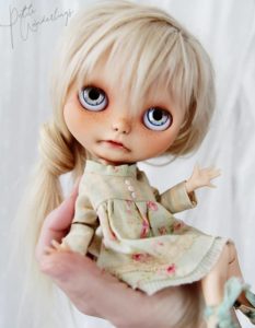 One of a Kind Custom Blythe Art Doll, Sissy, with little Front Teeth & Freckles Wearing Shabby Blue Dress Set by Petite Wanderlings