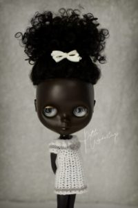 OOAK African American Custom Blythe Art Doll Re-rooted with Dark Brown Ringlet Curls Mohair. Face & Body Air Brushed & Dyed. Golden Eye Lids. Wearing Hand made Ivory Crochet Outfit by Petite Wanderlings