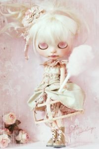 One of a Kind Custom White Haired Blythe Doll, Sadie Grace 7 Piece Full Decadence Dress Set Front View by Petite Wanderlings