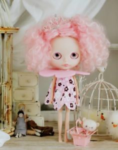 Curled Pink Fluffy Hair Ringlet Curls Rerooted Custom Blythe Art Doll by Petite Wanderlings