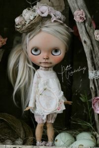 One of a Kind Blonde Mohair Custom Blythe Doll, Mateo Jane wearing an Ivory Shabby Decadence Dress Set with Nest Ribbon Hat by Petite Wanderlings