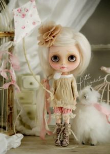 Custom Blythe White Mohair Art Doll, Maberly, in Hand made Shabby Chic Meets Mori Girl Dress & Bloomers in Cotton, Silk & Lace with Rosebud Kite & Llama Friend by Petite Wanderlings