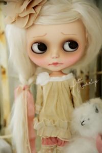 Maberly, Custom Blythe Art Doll with White Mohair in Hand made Shabby Chic Mori Girl Dress & Bloomers Set and Pet Llama by Petite Wanderlings