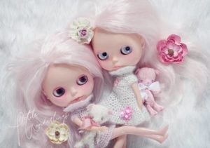 Twin Custom Pink Hair Blythe Dolls in Pink & White Knit Dresses Snuggling Hand made Teddy Bears by Petite Wanderlings