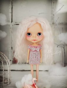 One of a Kind Custom Curly Pink Hair Blythe Art Doll in Hand made Pink & Silver Sparkly Crochet Dress by Petite Wanderlings