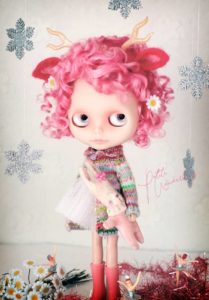 OOAK Dark Pink Ringlet Mohair Custom Blythe Art Doll with Plush Circus Bunny by Petite Wanderlings
