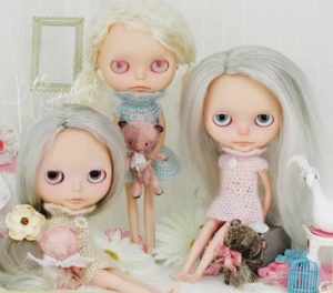 OOAK Custom Blythe Dolls with Reroots of Grey, Silver & Blonde Hair in Hand made Knit Dresses and Mini Mohair Bears by Petite Wanderlings