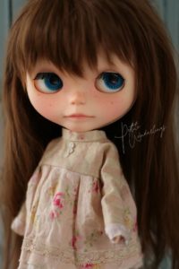 Brunette Mohair Custom Kenner Vintage Blythe Doll Wearing Handmade Shabby Dress Set by Petite Wanderlings