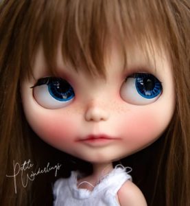 Matilda, Custom Kenner Vintage Blythe Brunette Mohair Doll Blue Eyes Close View by Petite Wanderlings