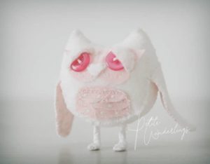 Handmade Mini Artist Plush Pink & White Owl Toy for Blythe and Dolls by Petite Wanderlings