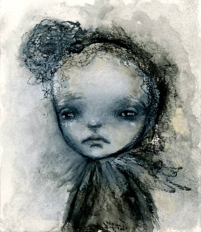 Face #40; Little Misfit -Stabilo Water Soluble Pencil & Gesso on 3.5"x4" Watercolor Paper