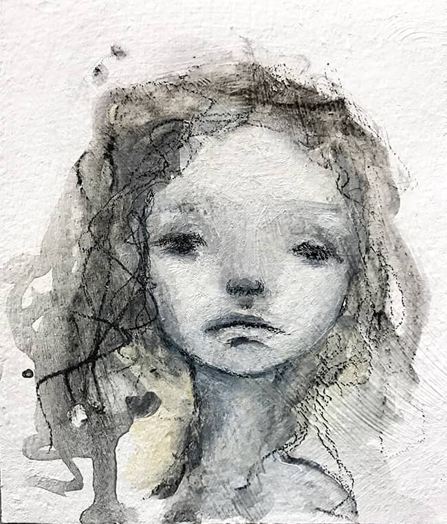 Face #36; Tenderness -Stabilo & Gesso on 3.5"x4" Watercolor Paper