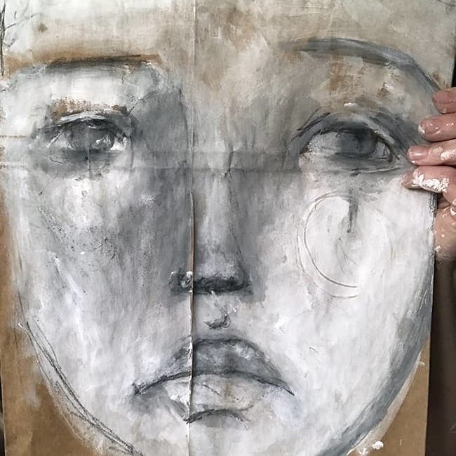 Face #5; Charcoal and Acrylic Paint on Large Paper Bag One Hundred Faces Art Challenge Charcoal and Gesso Mask Painting on Brown Bag