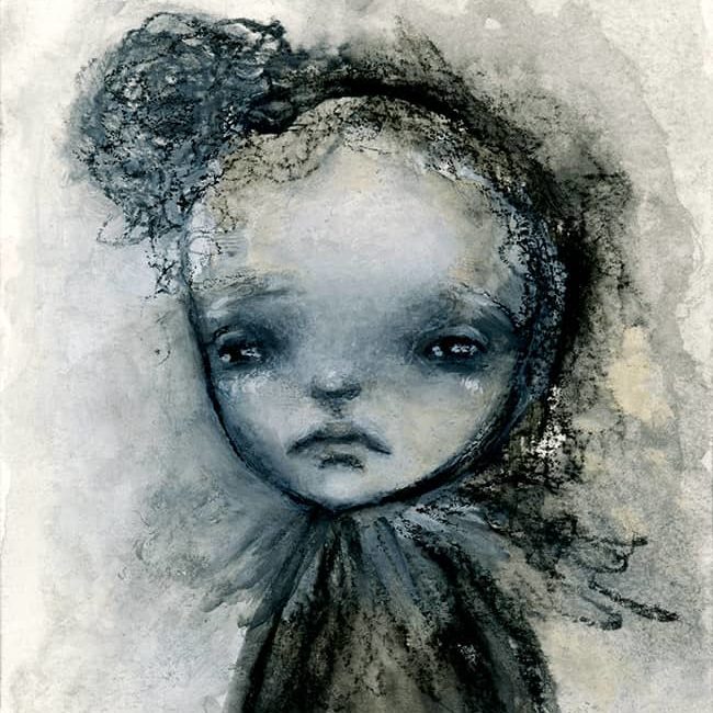 Face #40; Little Misfit -Stabilo Water Soluble Pencil & Gesso on 3.5"x4" Watercolor Paper